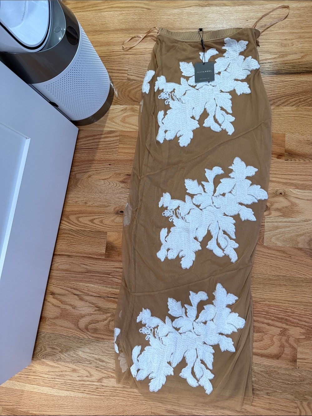 JLUXLABEL Tan Skirt with White Floral Appliqué